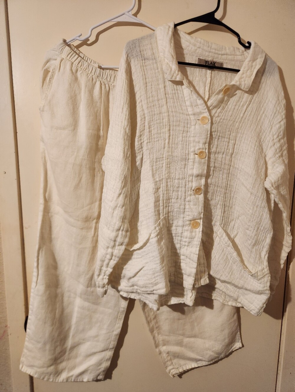 Flax Cream Lightweight Gauze Button-Front Top & Relaxed Pants Set L/M